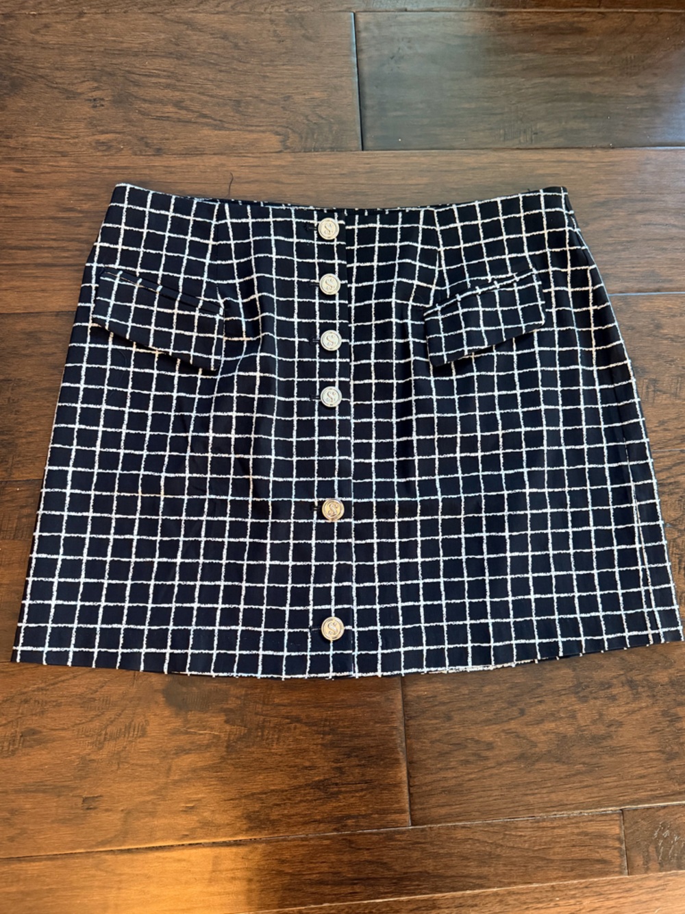 Black and White Windowpane Button-Front Mini Skirt
